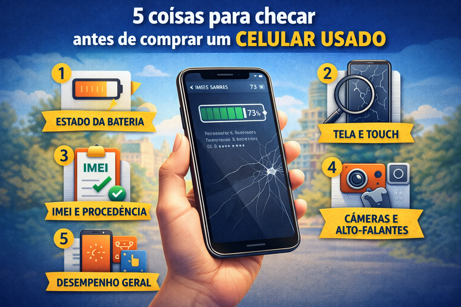 Pessoa analisando um celular usado antes da compra
